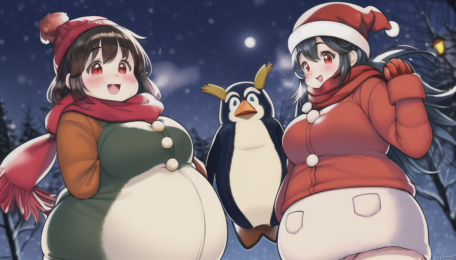 two plump anime characters wearing winter hats and scarves in the snow at night with a penguin flying overhead in the background